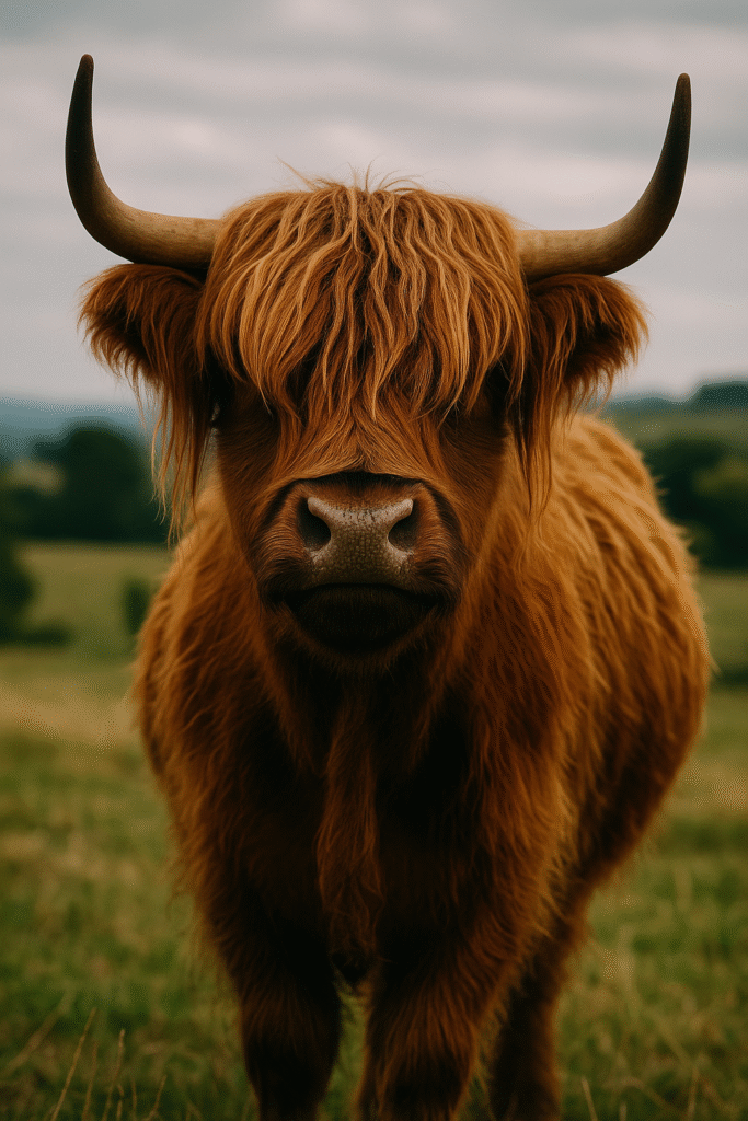 A Highland cow posing with its fluffy bangs covering its eyes