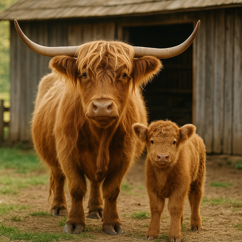 A Highland cow standing next to a small calf, with a rustic barn in the background idea of nurturing and milk production