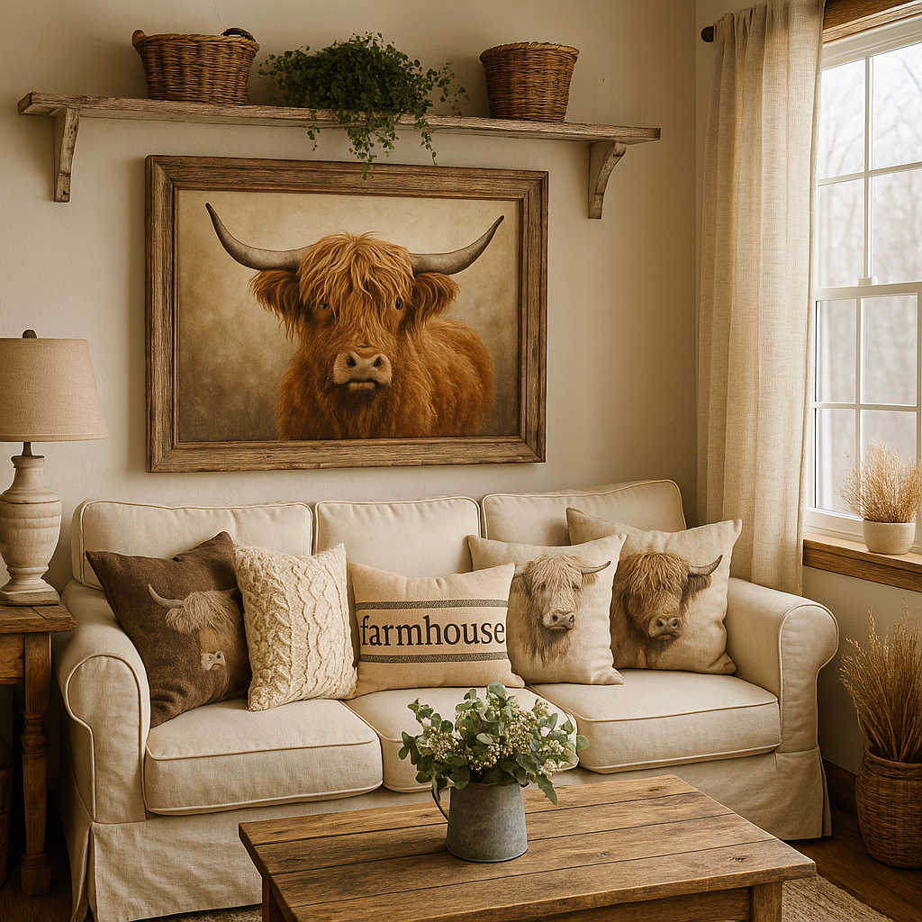 Farmhouse Decor image showing wall picture of highland cow and sofa with highland cow merch