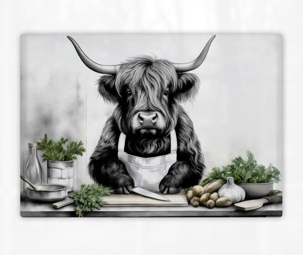 Highland Cow Cutting Board grey with herbs