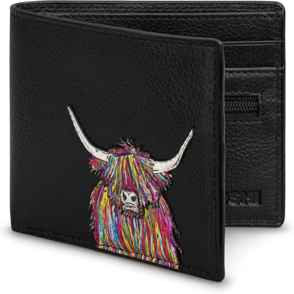 Highland Cow Rainbow Black Leather RFID Wallet
