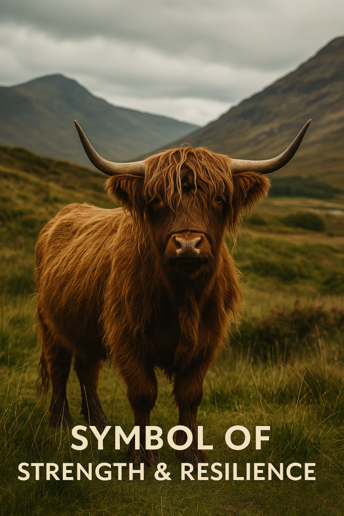 Highland cow with the words symbol of strength and resilience