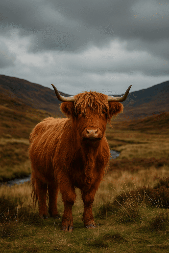 ginger highland cow next to mountains