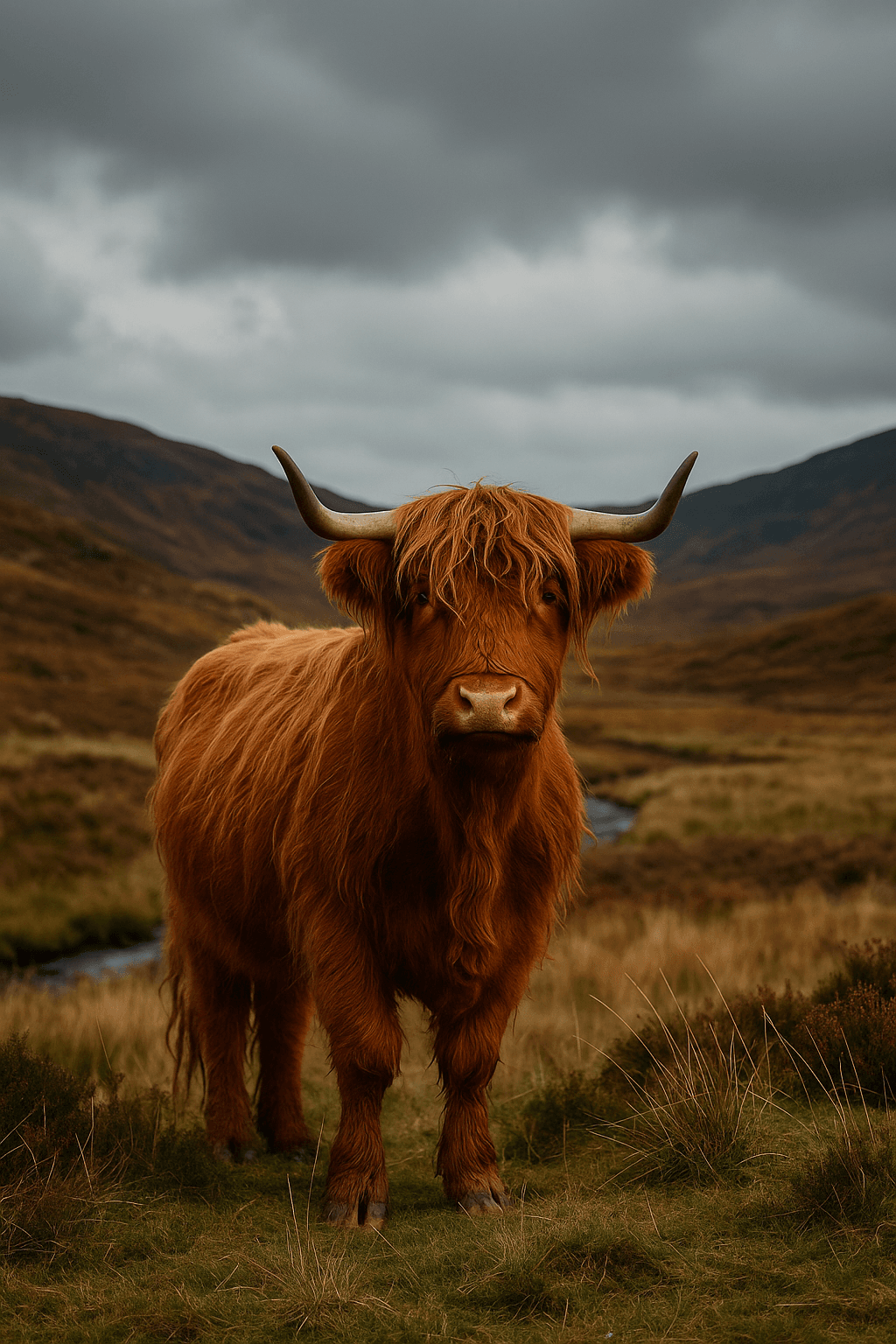 ginger highland cow next to mountains