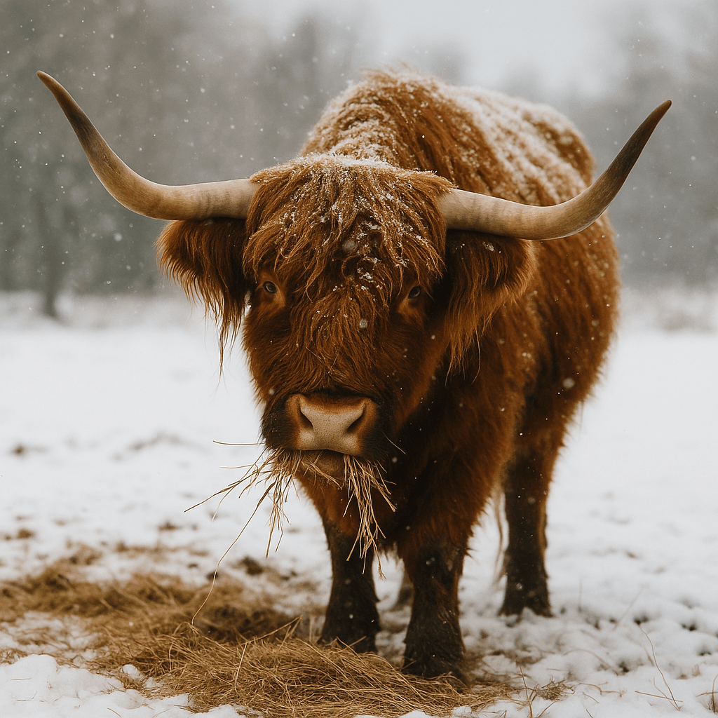 highland cow eating in winter
