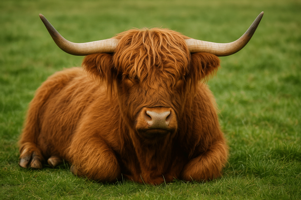 highland cow laying down in the grass green field