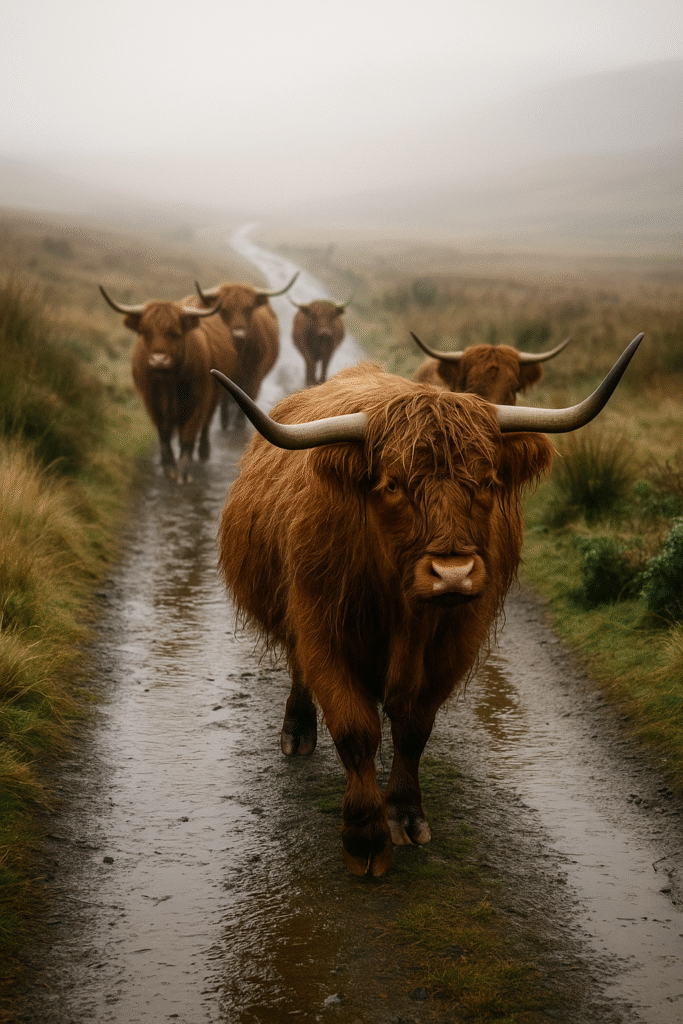 highland cows standing on a road