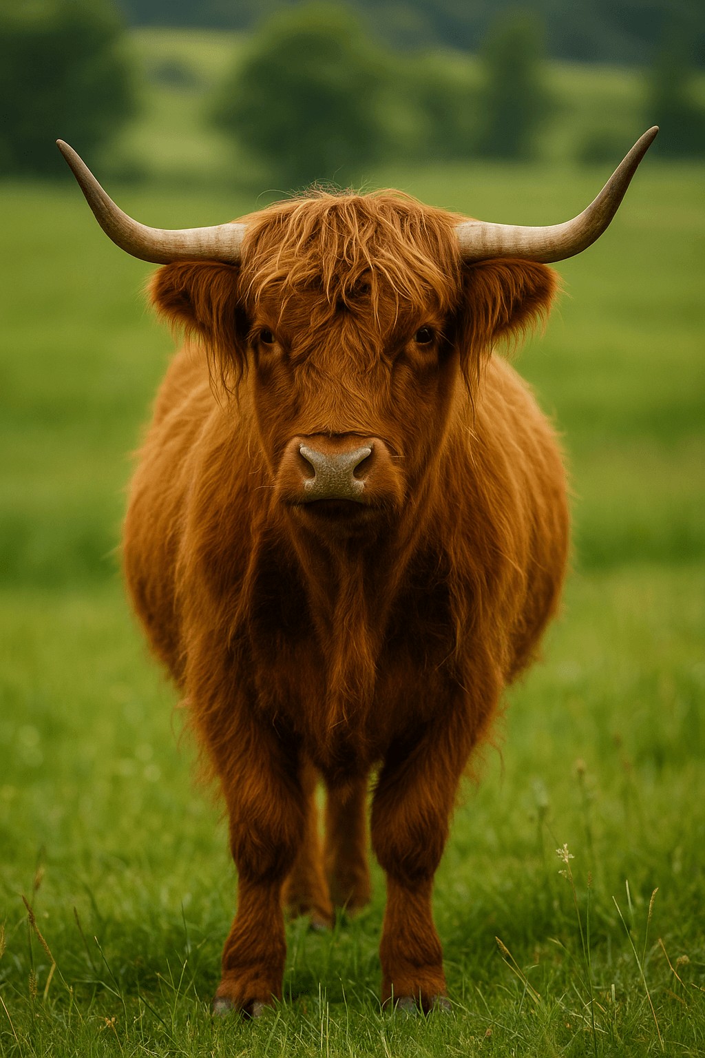 red Highland cow standing in a green meadow
