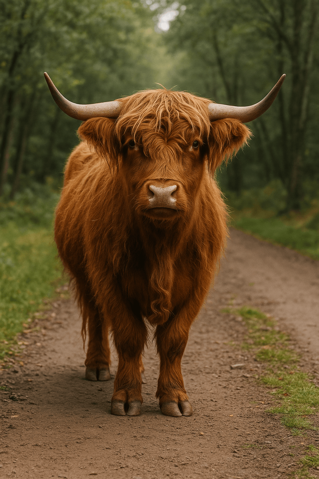 red highland cow standing on a dirt road in a forest