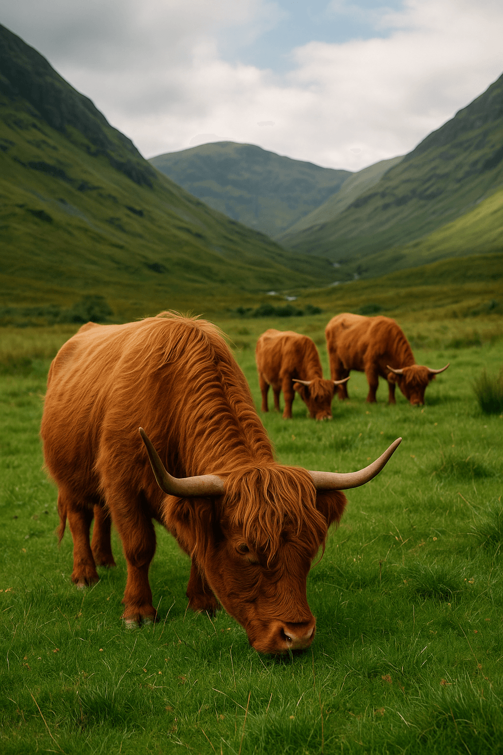 small group of Highland cows grazing in a scenic valley