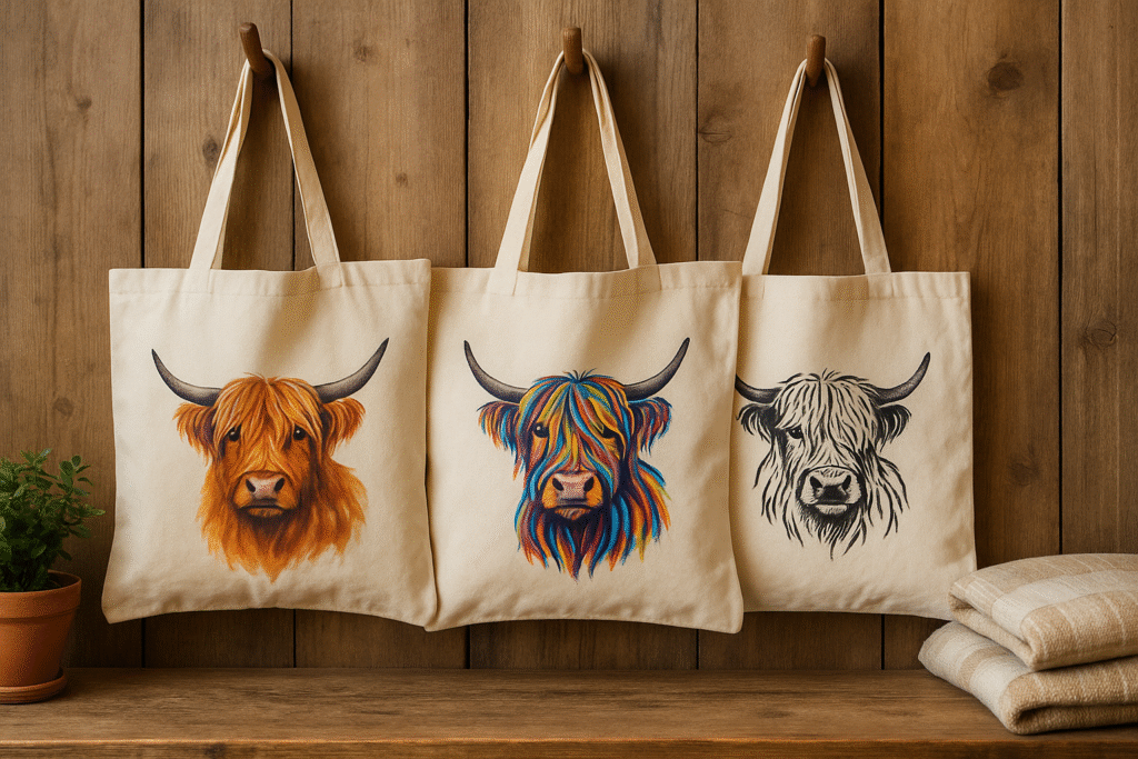 Canvas tote bags with Highland cow designs hanging on hooks