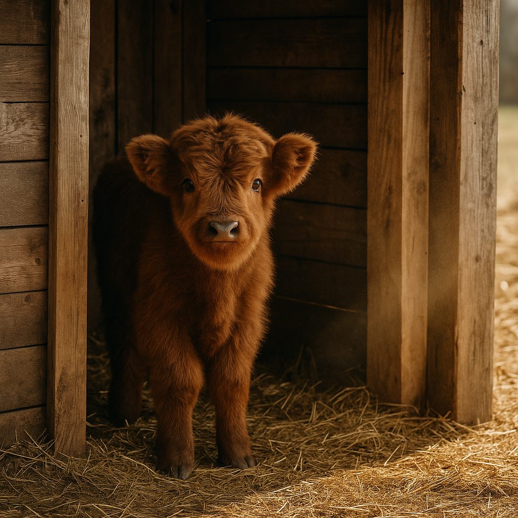 Highland calf in shelter — part of raising Highland calves in the early months.