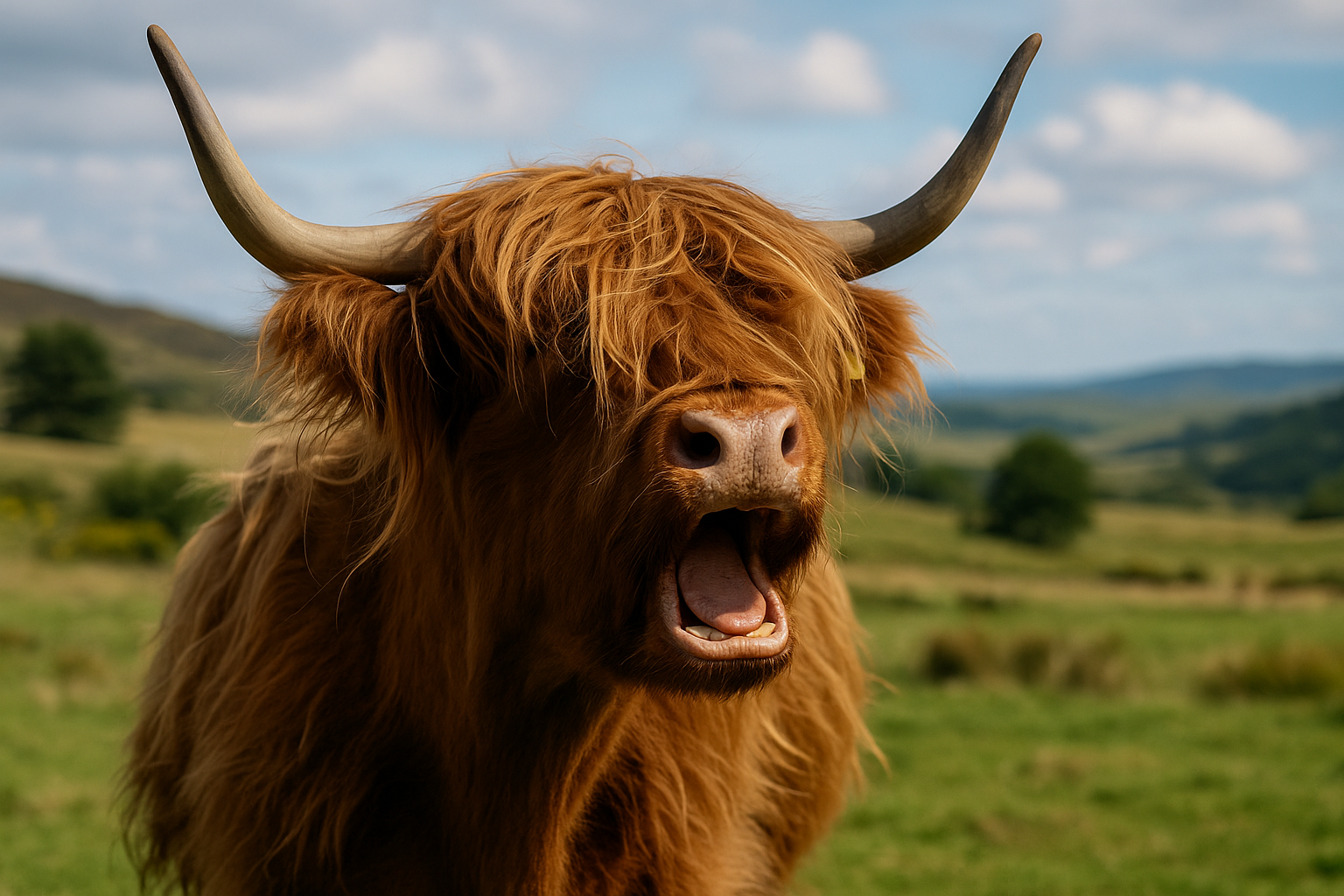 A Highland cow communicating with her calf through body language in a misty Scottish pasture, illustrating how Highland cows communicate.