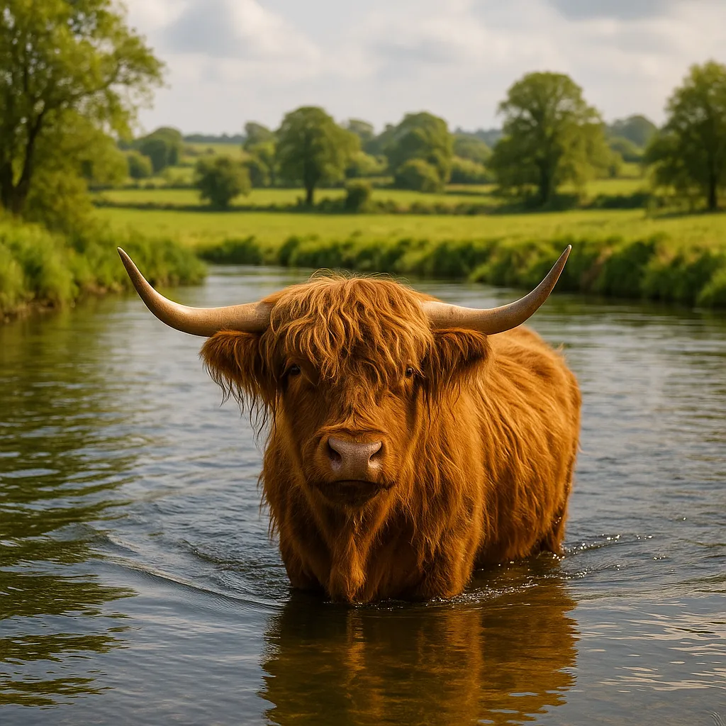 A Highland cow standing or wading in a shallow river
