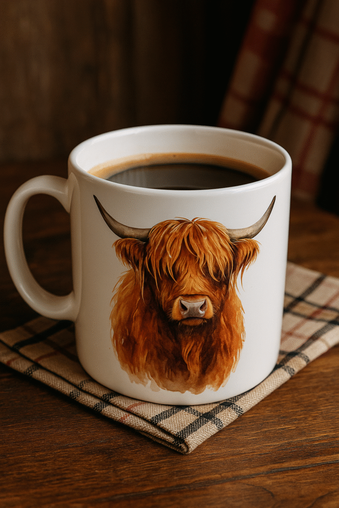 A ceramic Highland cow mug placed on a wooden table, with coffee inside