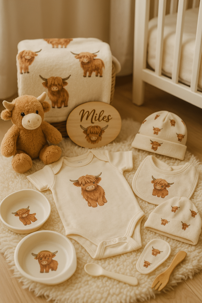 A soft, warm photo showing a collection of Highland cow baby gifts (clothes, toys, blankets) arranged in a nursery setting
