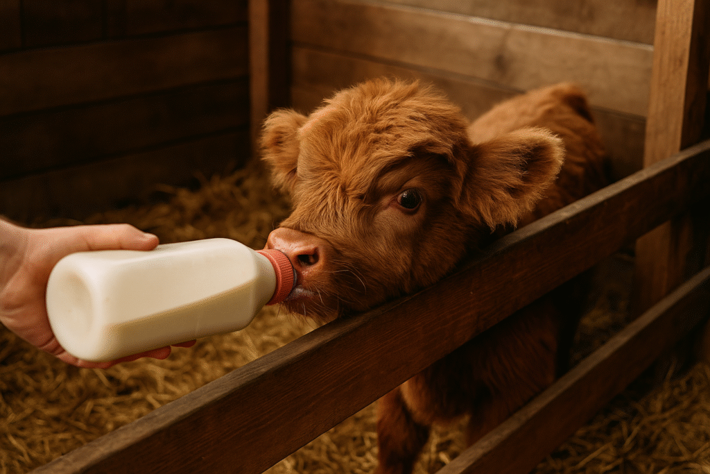 Raising Highland calves — bottle-feeding a young calf in a straw-lined pen.
