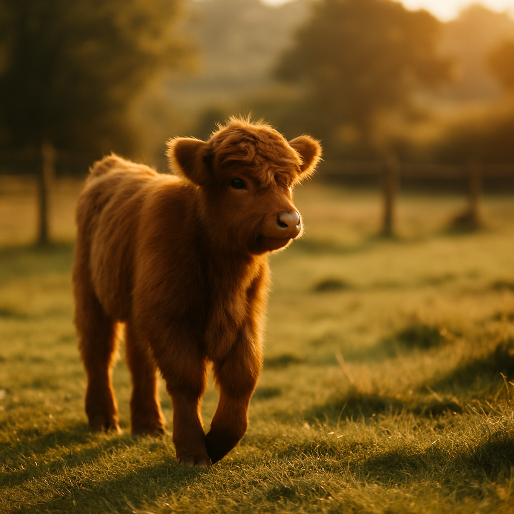 Raising Highland calves in a peaceful paddock — young calf at sunset on a UK smallholding.