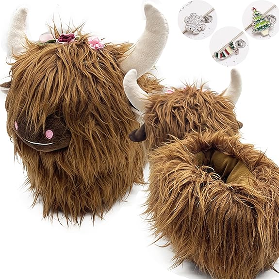 Fluffy Highland Cow Plush Slippers