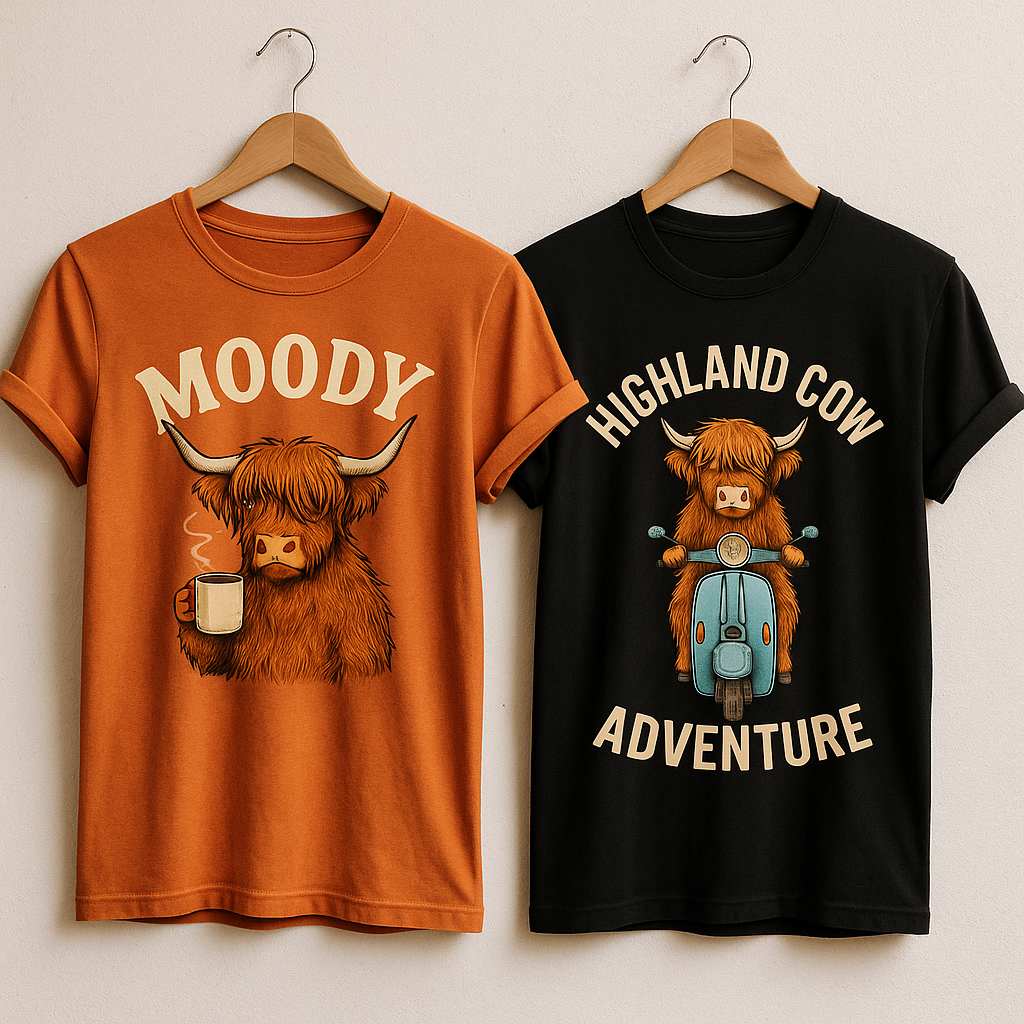 Two Highland cow-themed T-shirts hanging on wooden rack