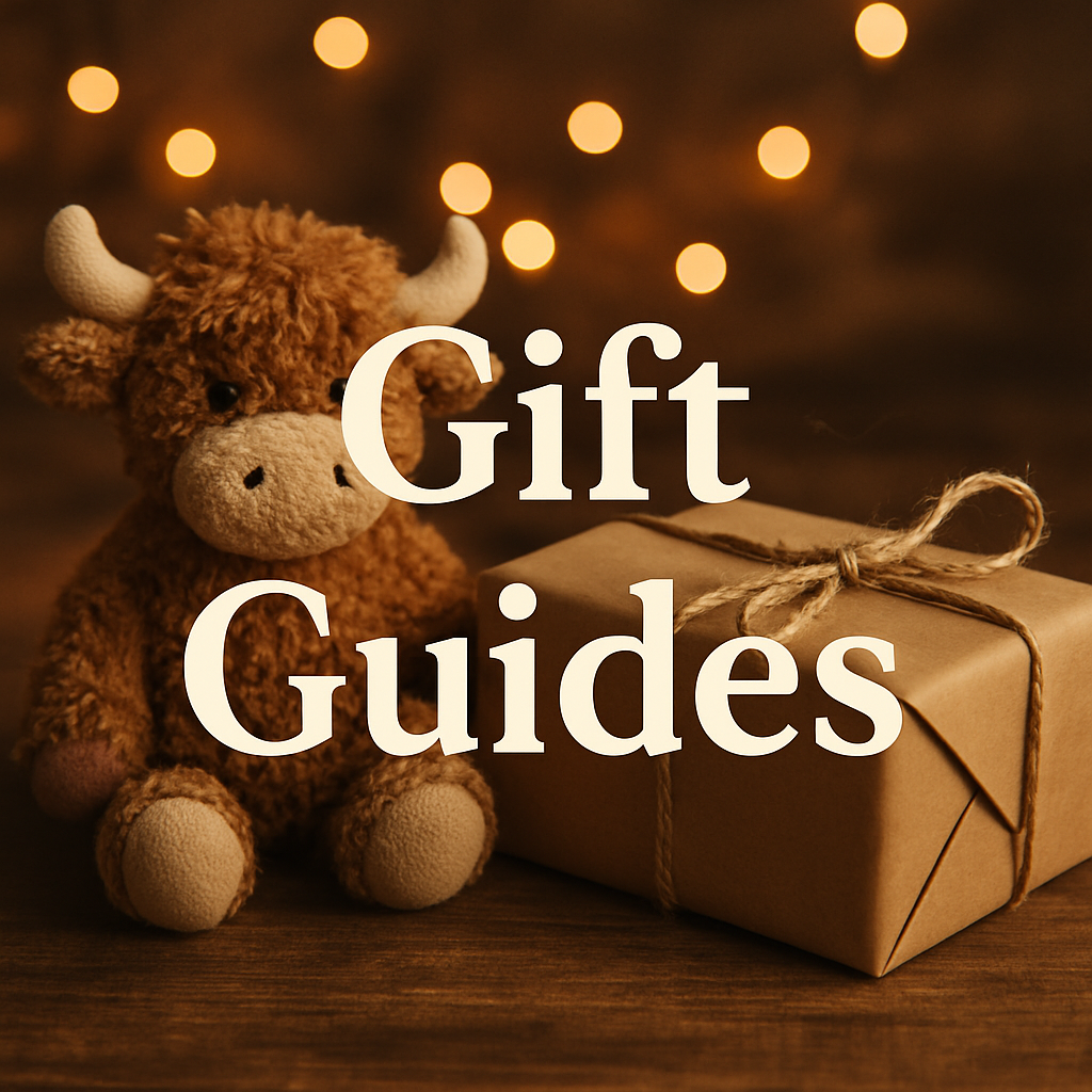 Gift Guides homepage icon with cute highland cow plush and parcel next to it
