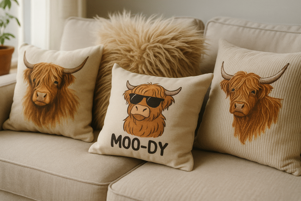 Decorative throw pillows with Highland cow illustrations on sofa