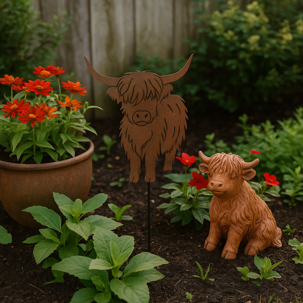 Metal Highland cow garden sculpture among flower beds