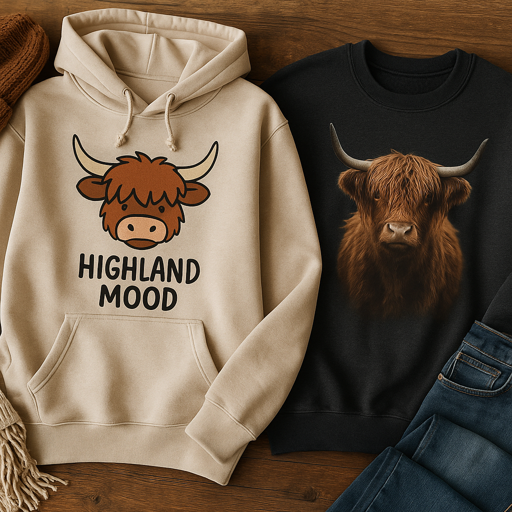 Folded Highland cow hoodies on rustic wooden bench