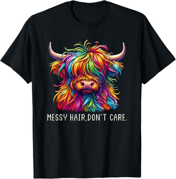 Highland Cow Messy Hair Don't care Colorful T-Shirt