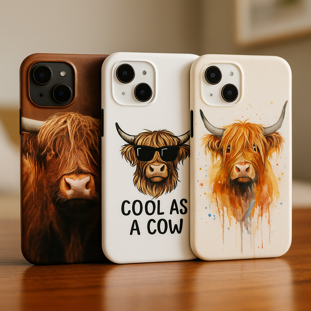 Highland cow phone cases displayed on rustic wooden table