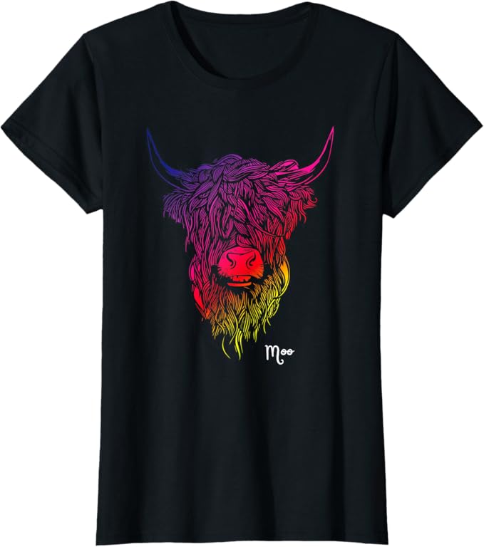 Highland Cow Rainbow Print Moo Scotland T-Shirt