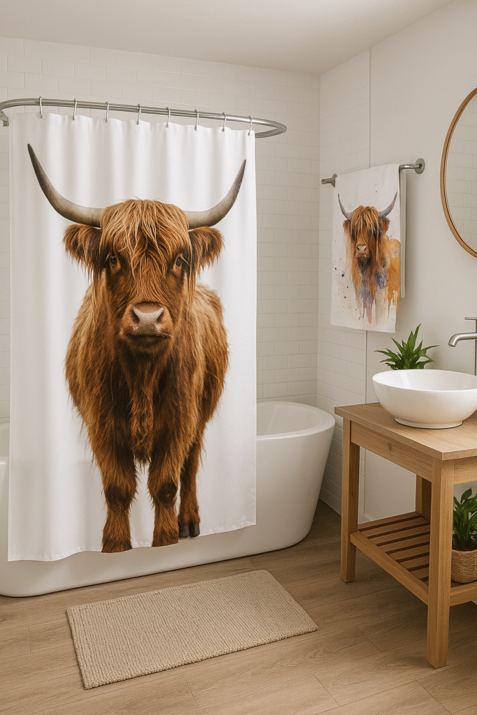 Highland cow-themed shower curtain hanging in bathroom