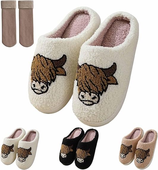 Highland Cow Slippers for Women,Women's Fuzzy Cotton Slippers