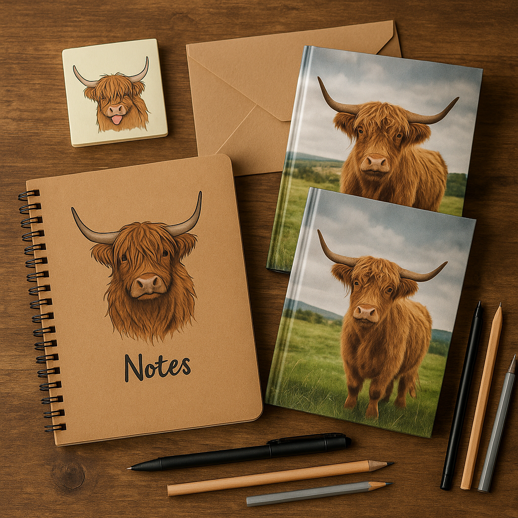 Notebooks and pens featuring Highland cow designs on desk