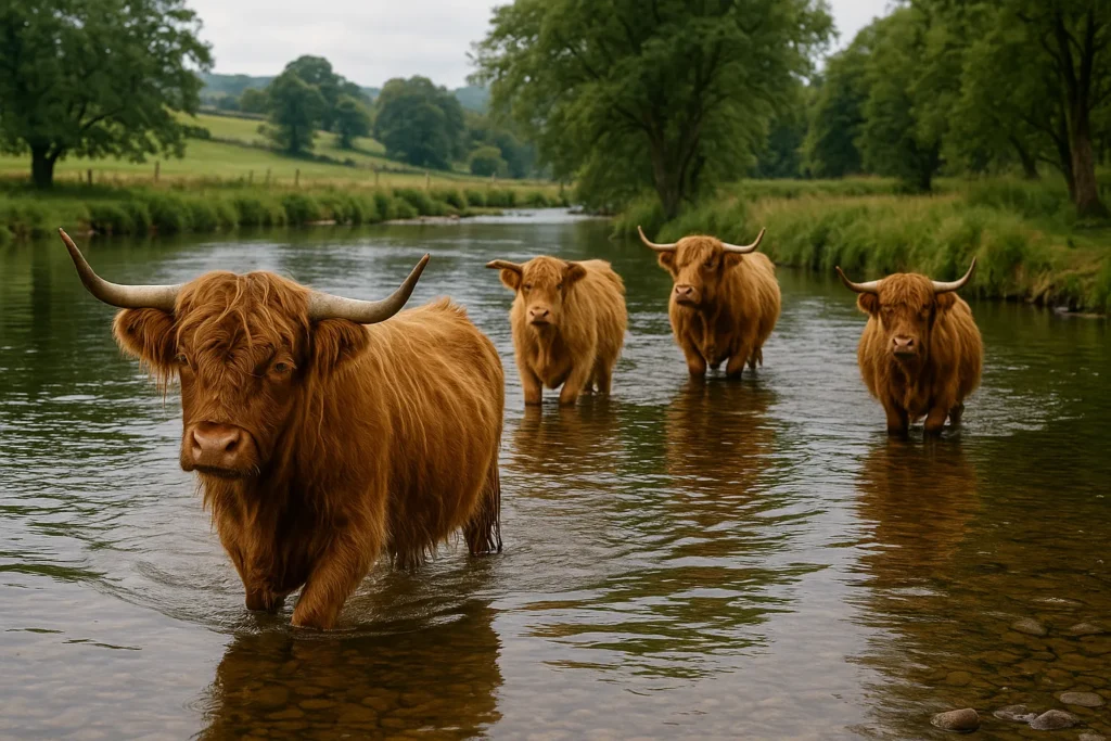 Highland Cows Wading In Water