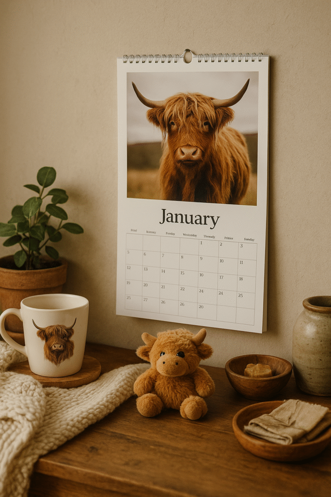 Highland cow wall calendar hanging in farmhouse kitchen