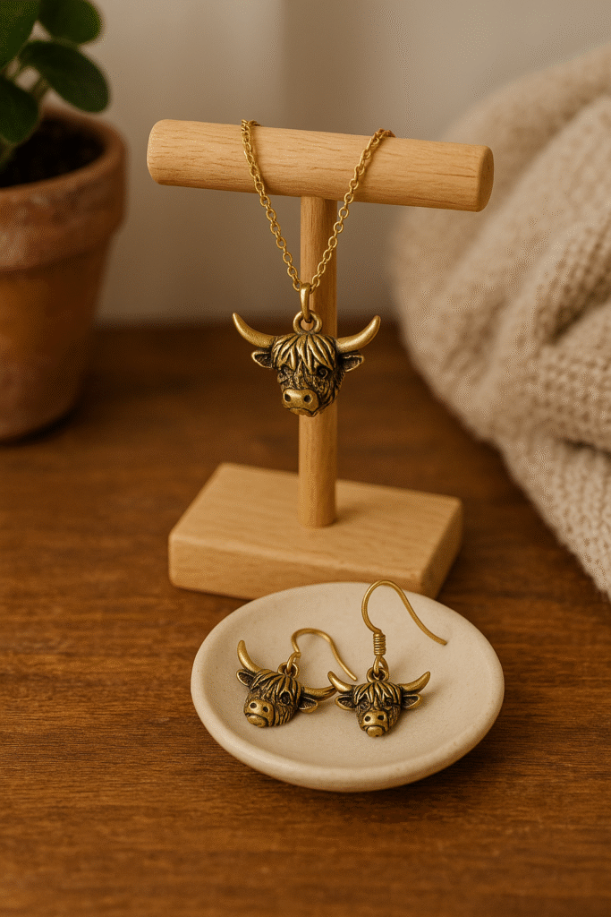 Highland cow pendant necklace displayed on wooden stand