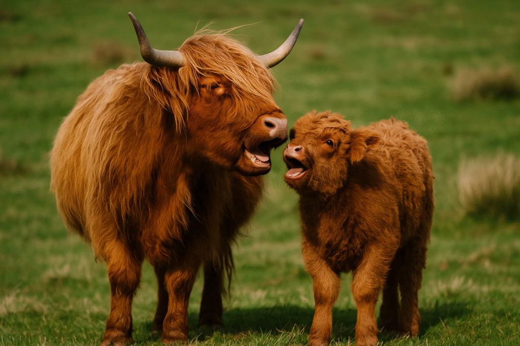 Highland cow and calf vocalising — part of how Highland cows may develop accents in communication
