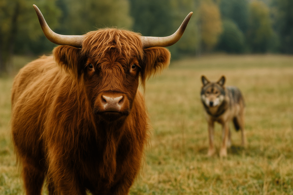 Highland cow and wolf in rural field, alert to Highland cow predators