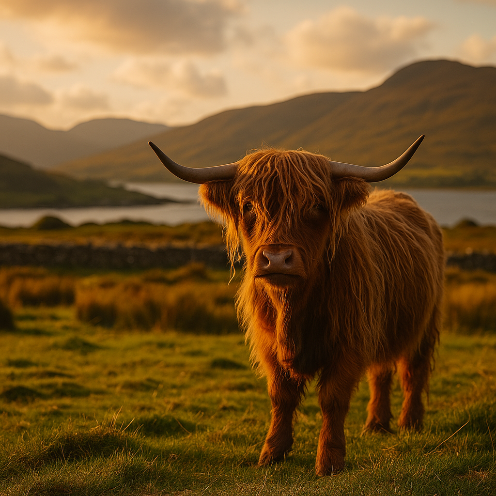 Highland cow during golden hour, highlighting Highland cow grooming features