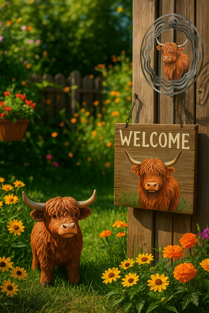 Highland cow garden decor including a statue, sign, and spinner in a rustic garden setting.