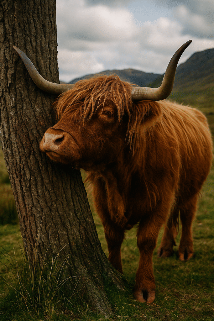 Highland cow grooming with tree, part of Highland cow grooming behavior