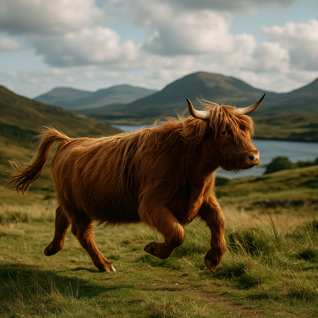 Highland cow in motion during a gallop, demonstrating Highland cow speed