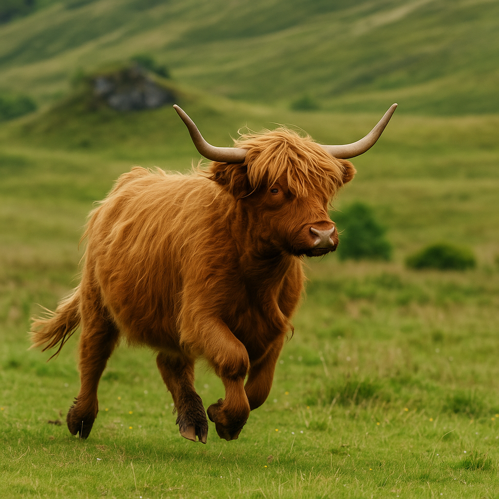 Highland cow mid-trot across grassland, showcasing Highland cow speed