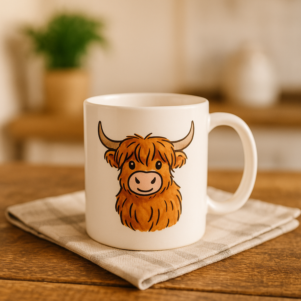 Ceramic coffee mug with Highland cow artwork on kitchen table
