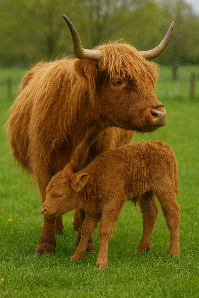 Highland cow nursing her calf in spring pasture, illustrating how Highland cows reproduce and care for their young.