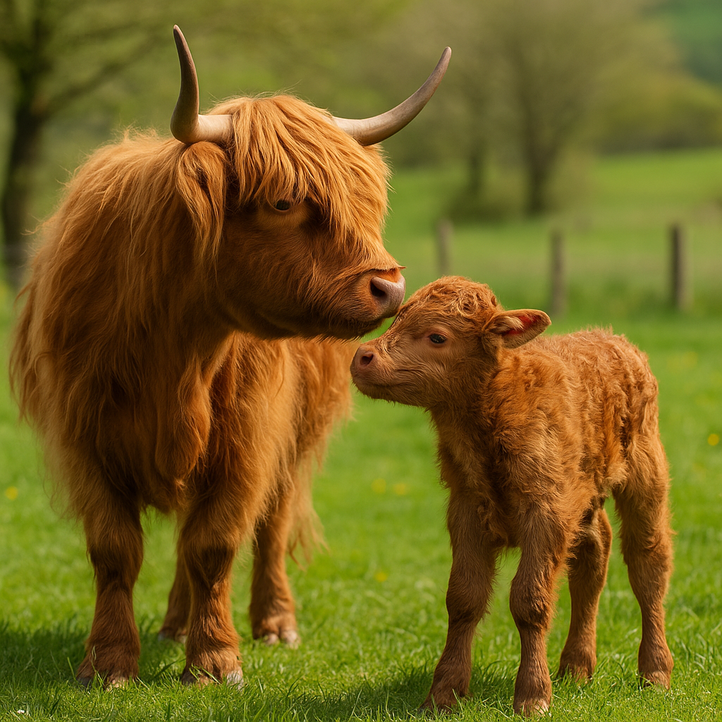 Highland cow nuzzling her newborn calf in a grassy pasture during spring, illustrating how Highland cows reproduce.