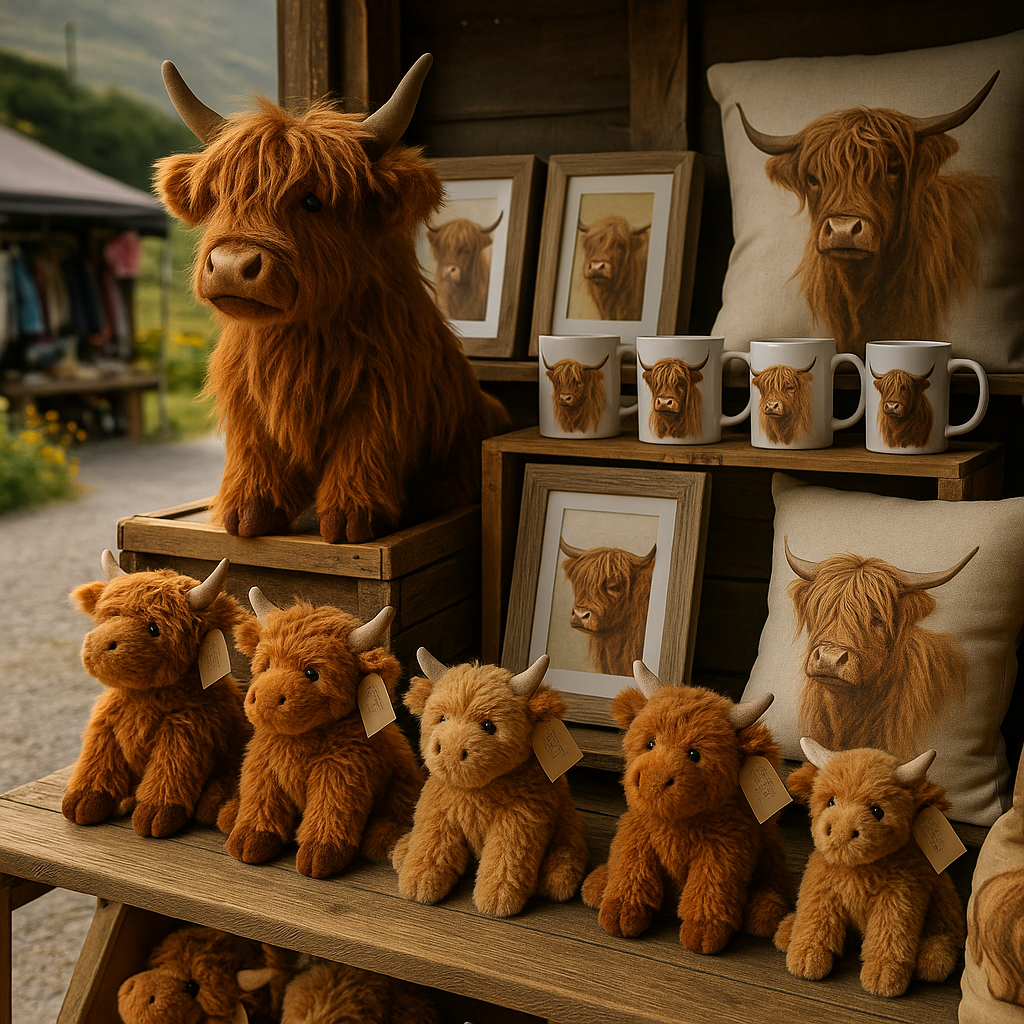 Highland cow souvenirs displayed at a Scottish market stall, showing the popularity of Highland cow souvenirs among tourists