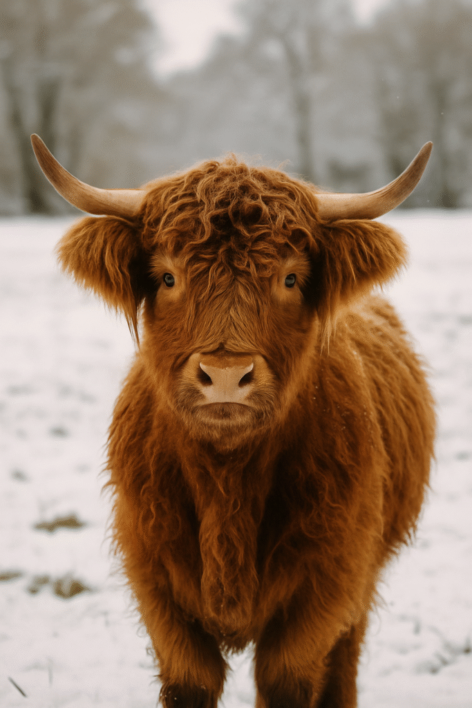 Highland cow standing in a field with visible fluffy ears, illustrating Highland cow ears used for warmth and communication