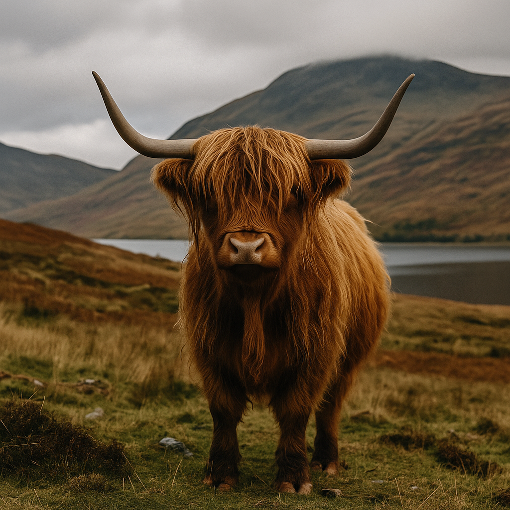 Highland cow standing in a scenic Scottish field, representing the popularity of Highland cow souvenirs in Scottish culture